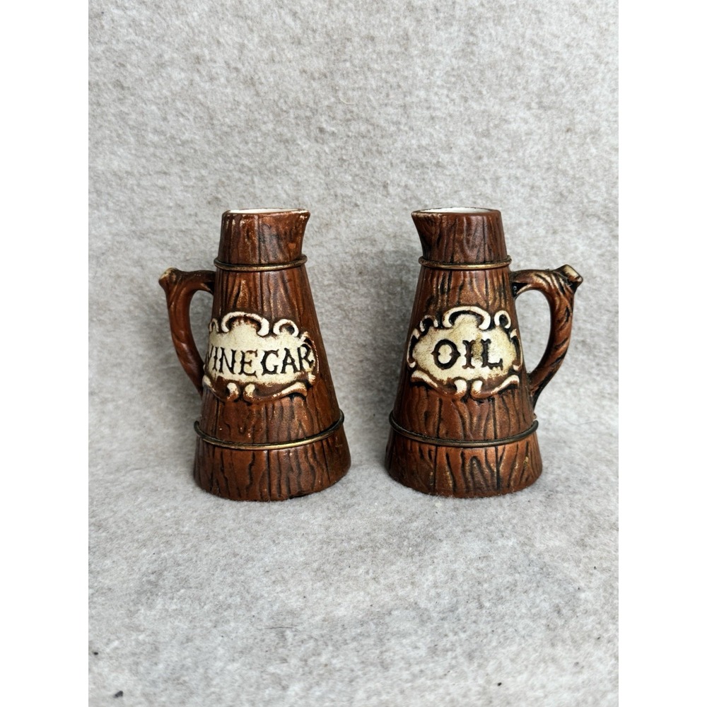 Vintage Ceramic Wood Grain Oil Vinegar Cruet Set Japan